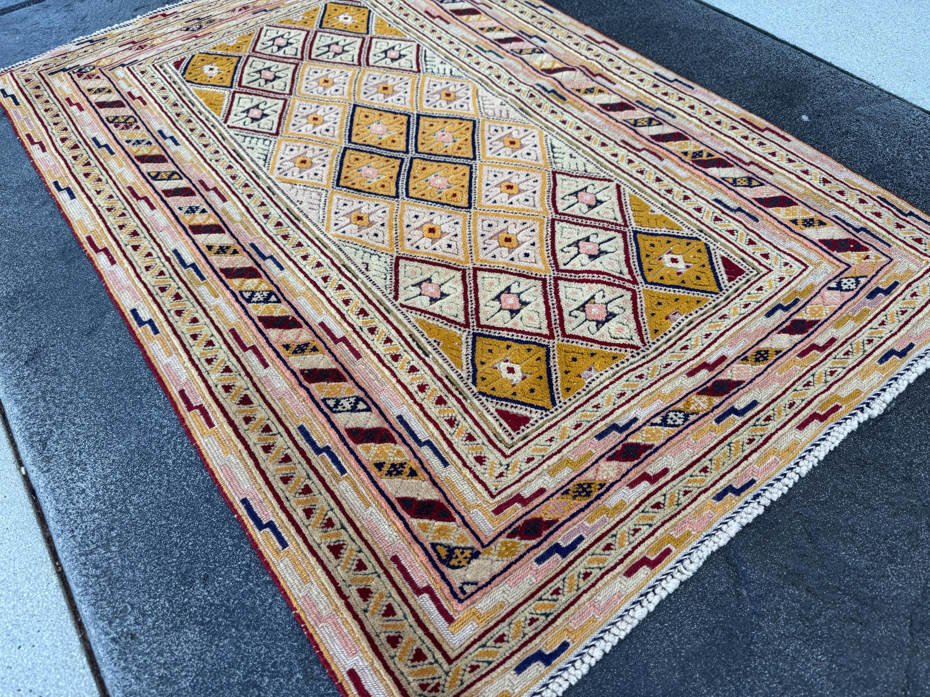 3x4 (86x129) Handmade Afghan Vintage Barjasta Rug | Saffron Gold Cornsilk Yellow Crimson Cherry Red Auburn Cream Ivory Black Tan Sand | Wool