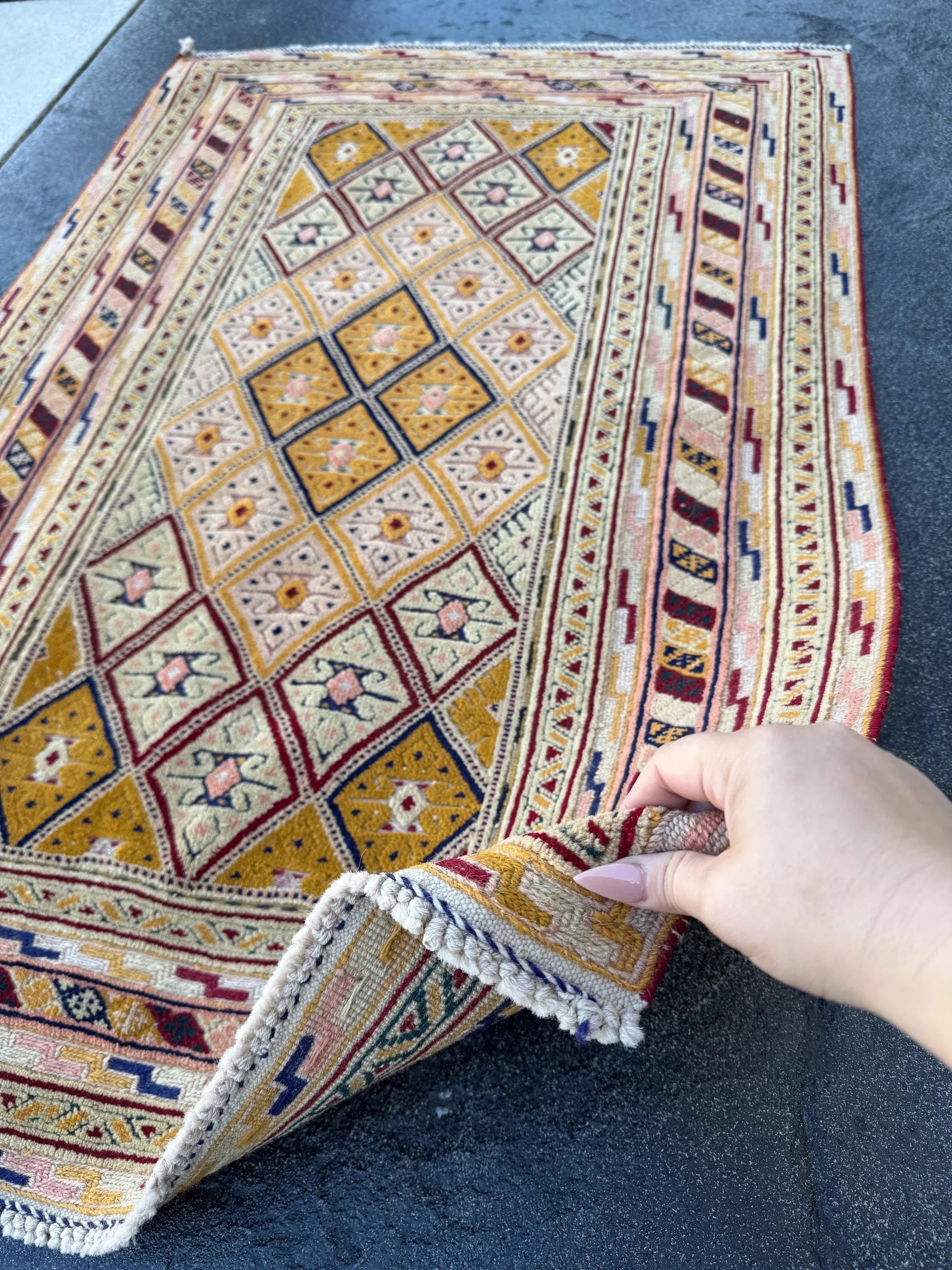 3x4 (86x129) Handmade Afghan Vintage Barjasta Rug | Saffron Gold Cornsilk Yellow Crimson Cherry Red Auburn Cream Ivory Black Tan Sand | Wool