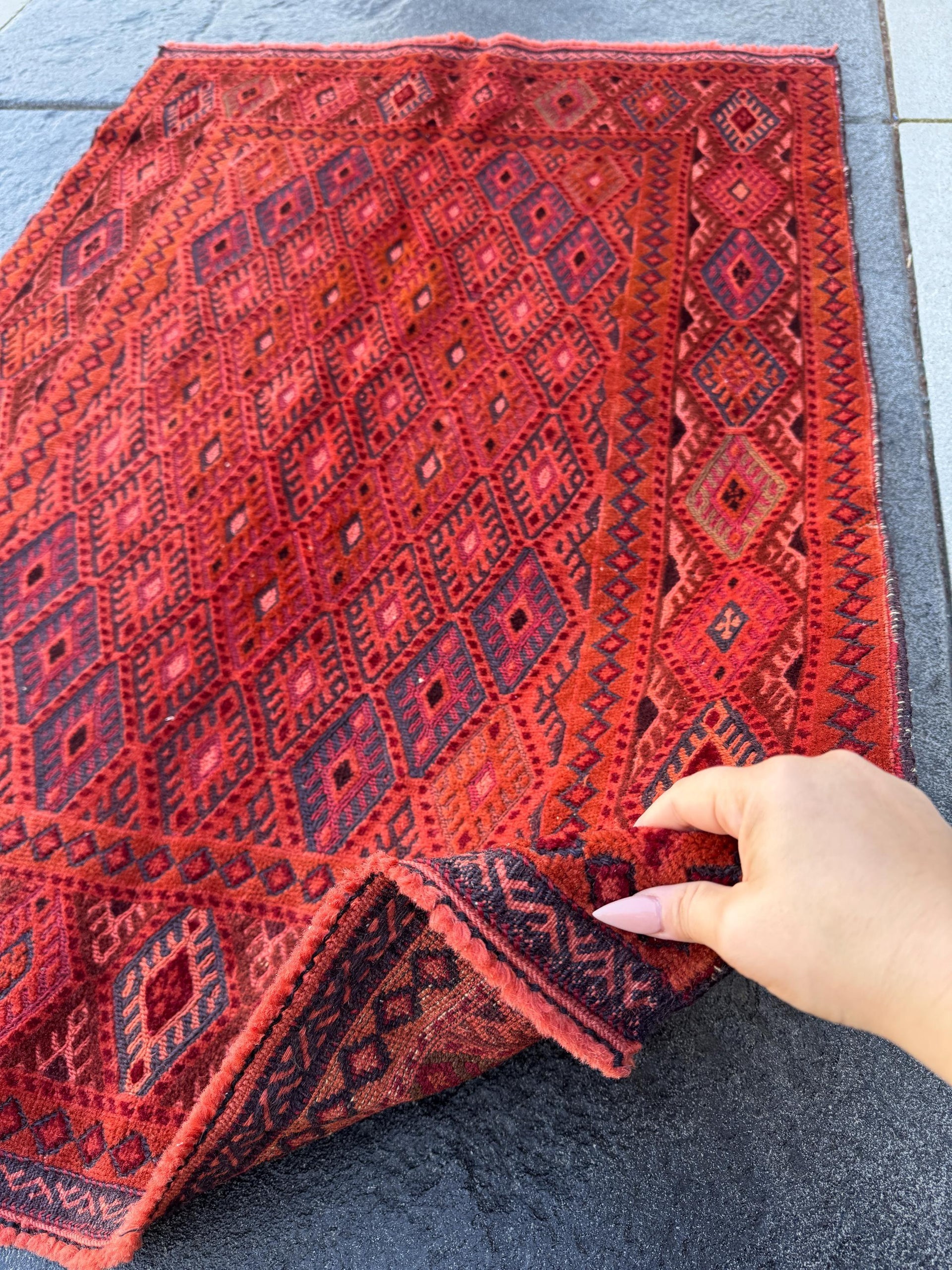 3x4 (91x121) Handmade Afghan Vintage Barjasta Rug | Crimson Blood Maroon Red Black Navy Blue Salmon Pink Grey | Wool Barjasta Mishwani