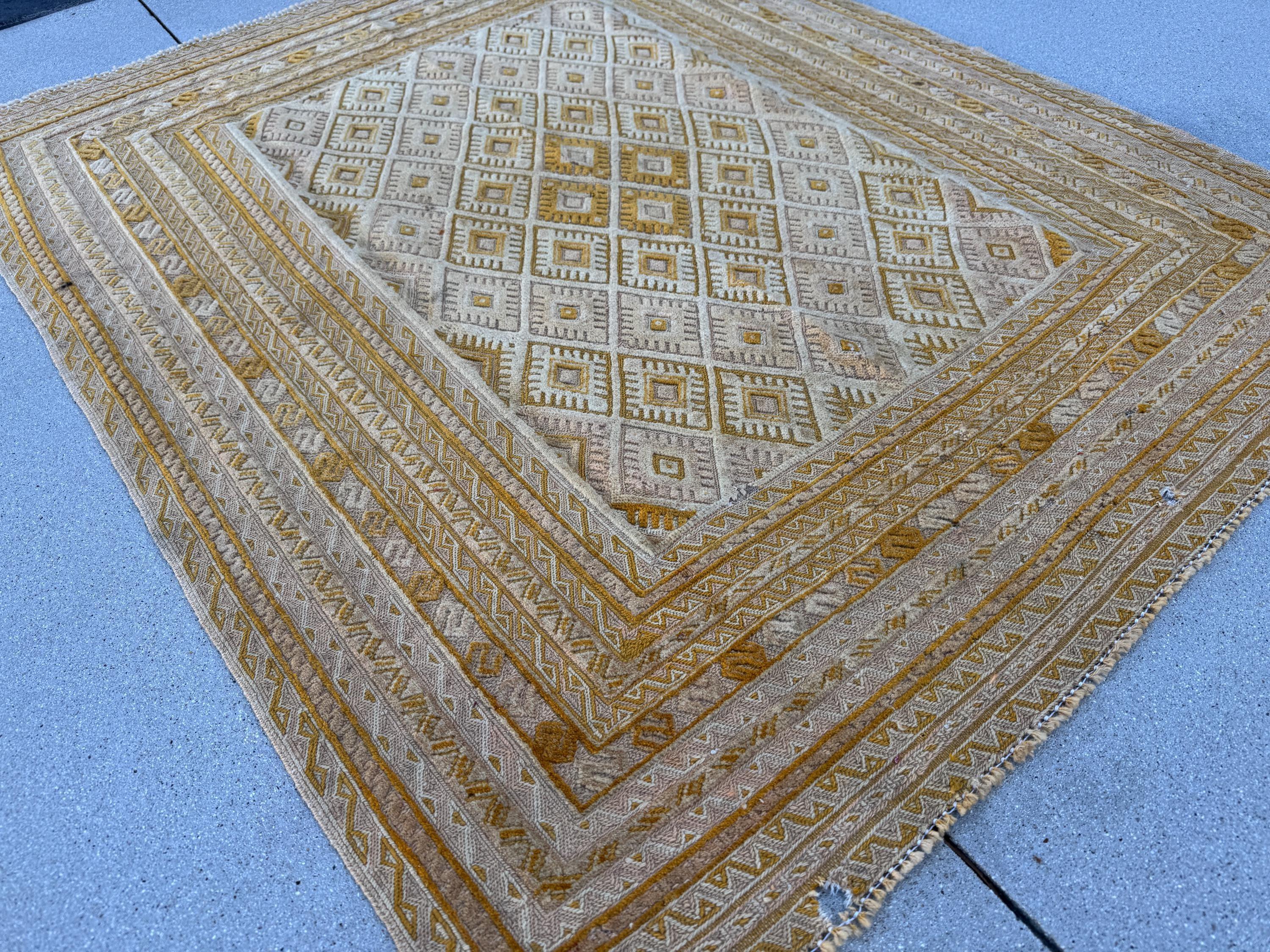 4x5 (121x152) Handmade Afghan Vintage Barjasta Rug | Gold Saffron Mustard Cornsilk Yellow Cream Burnt Rust Orange White | Wool Flatweave
