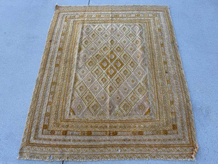 4x5 (121x152) Handmade Afghan Vintage Barjasta Rug | Gold Saffron Mustard Cornsilk Yellow Cream Burnt Rust Orange White | Wool Flatweave