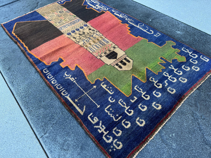 3x5 (91x152) Handmade Vintage Afghan Baluch Rug | Navy Blue Moss Green Tan Beige Orange Cream Brick Red Black | Wool Traditional Pictorial