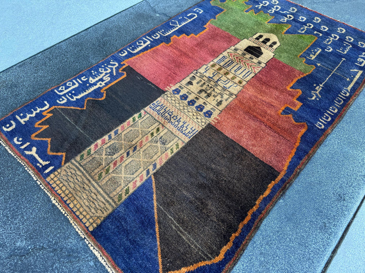 3x5 (91x152) Handmade Vintage Afghan Baluch Rug | Navy Blue Moss Green Tan Beige Orange Cream Brick Red Black | Wool Traditional Pictorial