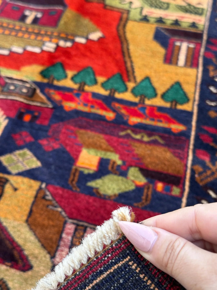 3x4-5 Handmade Vintage Afghan Baluch Rug Navy Blue Scarlet Brick Red Moss Forest Green Orange White Black Cream Saffron Caramel Coffee Brown