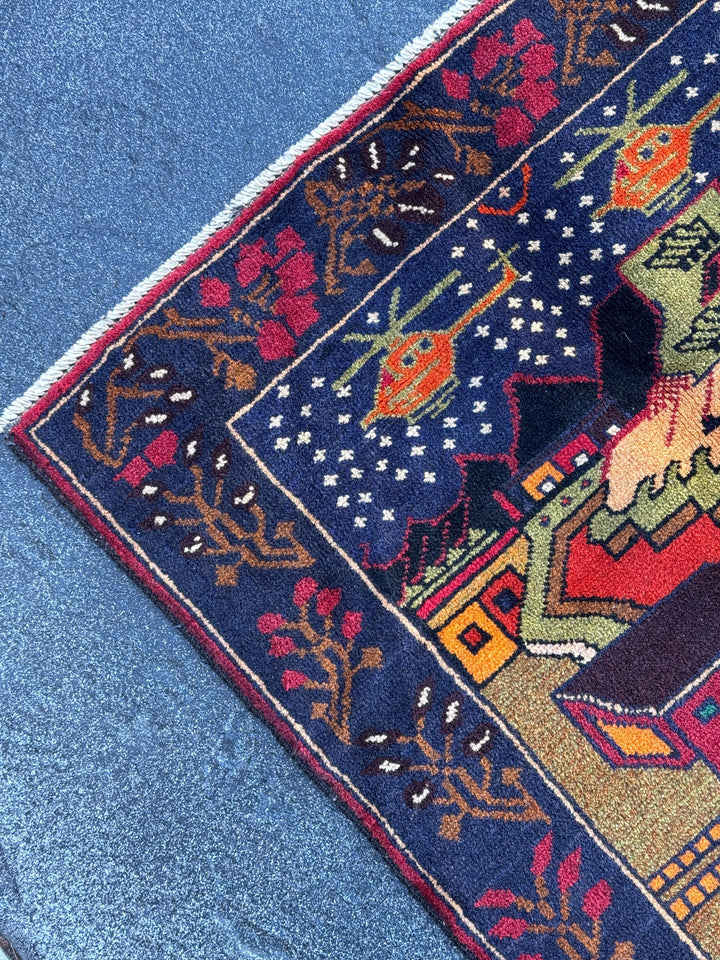 3x4-5 Handmade Vintage Afghan Baluch Rug Navy Blue Scarlet Brick Red Moss Forest Green Orange White Black Cream Saffron Caramel Coffee Brown