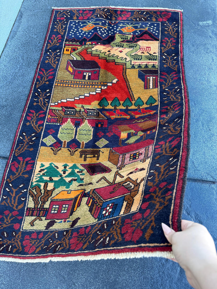 3x4-5 Handmade Vintage Afghan Baluch Rug Navy Blue Scarlet Brick Red Moss Forest Green Orange White Black Cream Saffron Caramel Coffee Brown