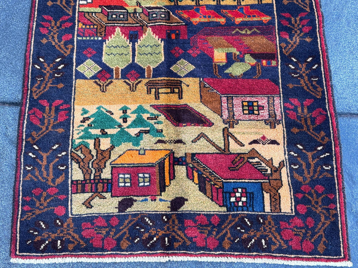 3x4-5 Handmade Vintage Afghan Baluch Rug Navy Blue Scarlet Brick Red Moss Forest Green Orange White Black Cream Saffron Caramel Coffee Brown