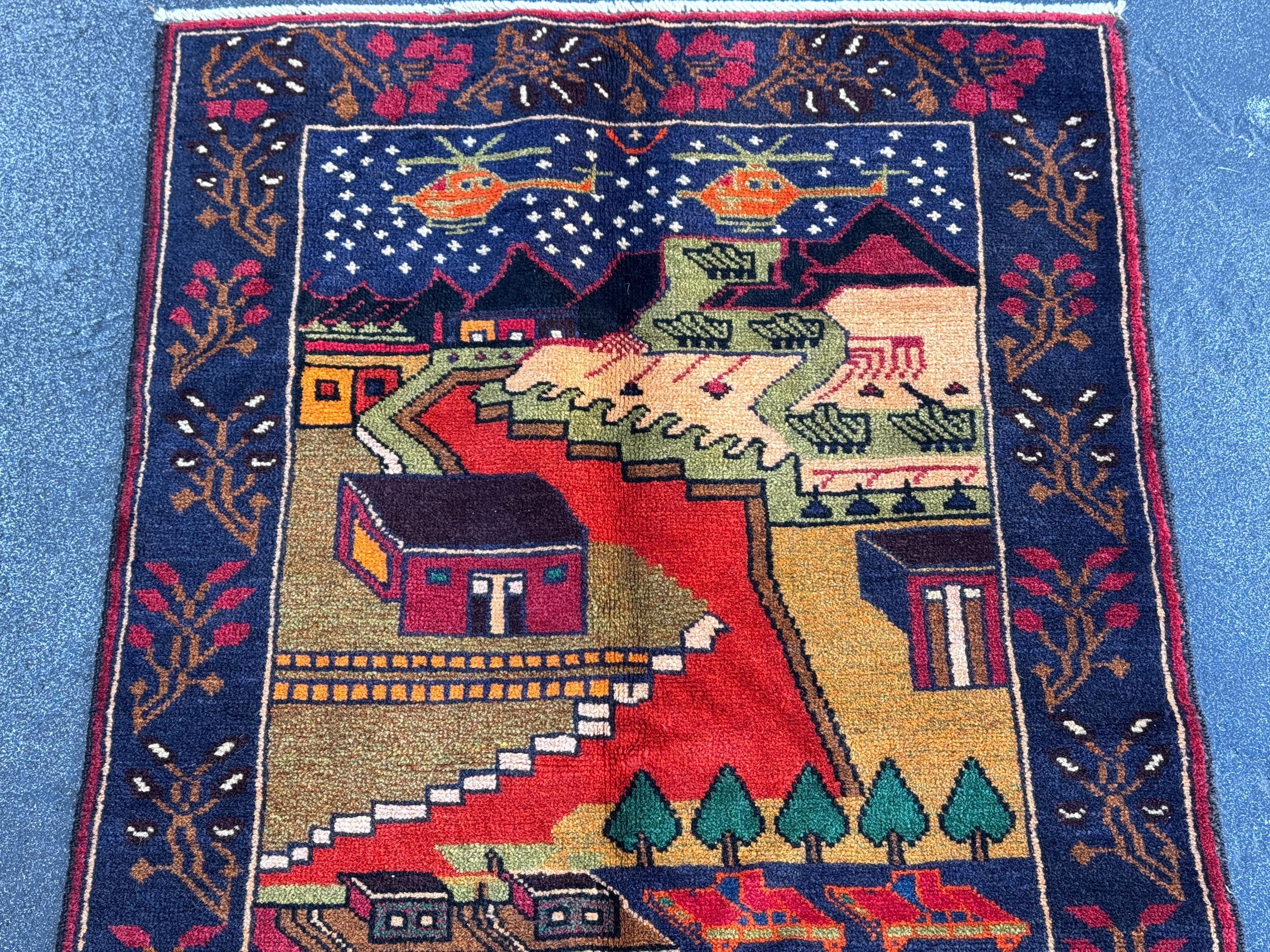3x4-5 Handmade Vintage Afghan Baluch Rug Navy Blue Scarlet Brick Red Moss Forest Green Orange White Black Cream Saffron Caramel Coffee Brown