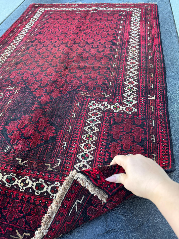 3x5 (91x152) Handmade Vintage Afghan Baluch Rug | Maroon Burgundy Crimson Brick Red White Ivory Pine Moss Forest Green Black | Wool
