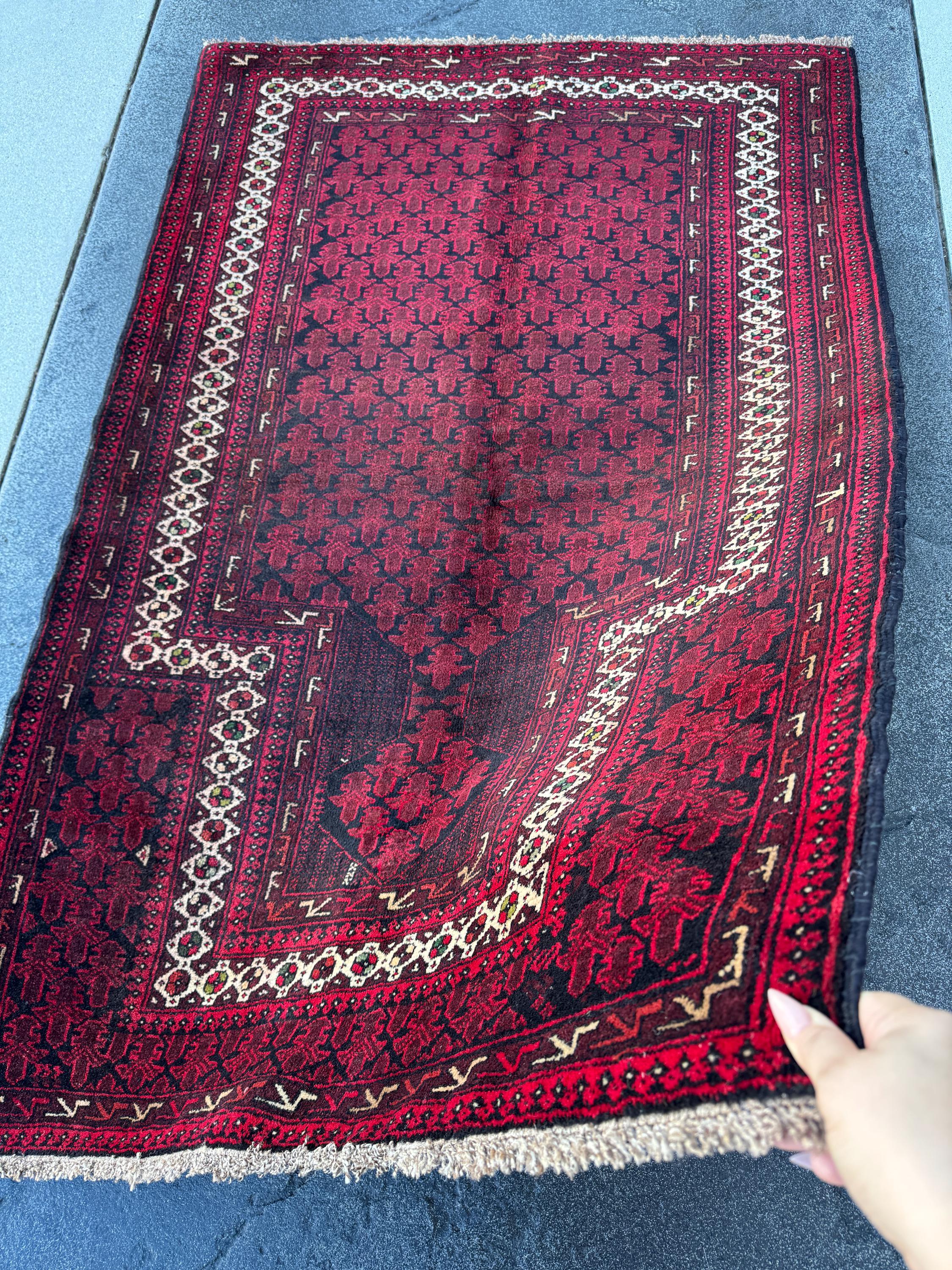 3x5 (91x152) Handmade Vintage Afghan Baluch Rug | Maroon Burgundy Crimson Brick Red White Ivory Pine Moss Forest Green Black | Wool