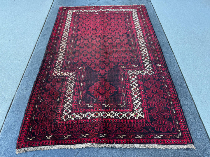 3x5 (91x152) Handmade Vintage Afghan Baluch Rug | Maroon Burgundy Crimson Brick Red White Ivory Pine Moss Forest Green Black | Wool