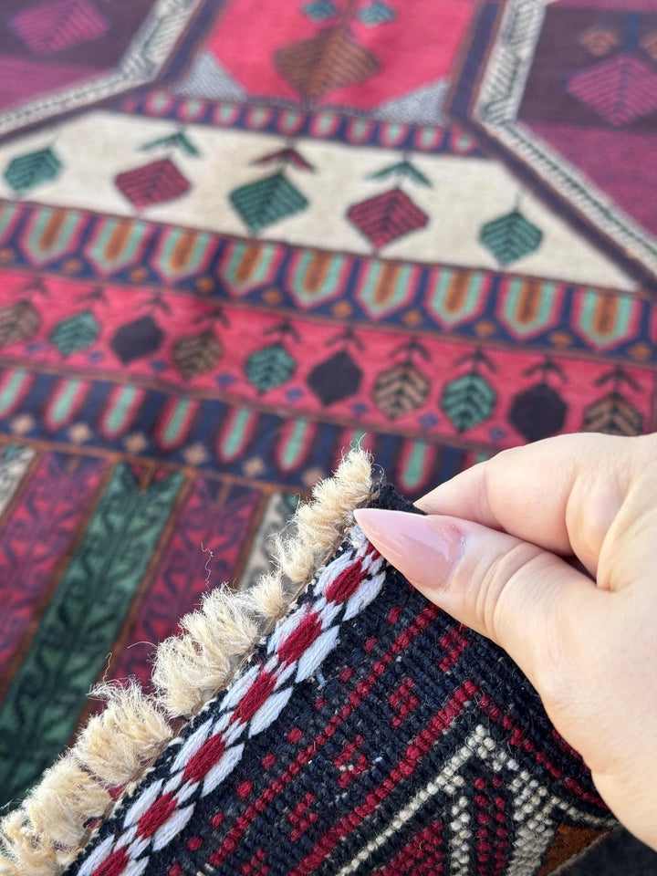 3x5 (91x152) Handmade Vintage Afghan Baluch Rug | Cream Maroon Burgundy Blood Red White Burnt Orange Forest Green Black Tan | Wool