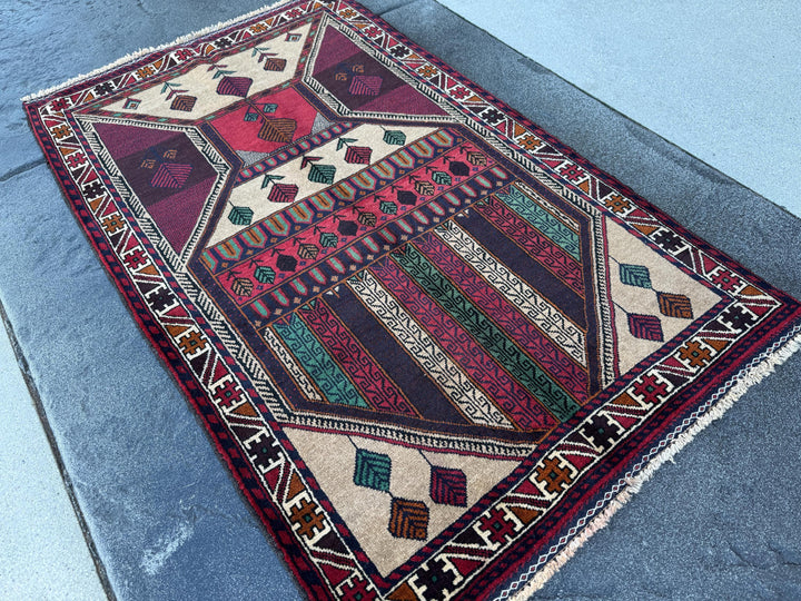 3x5 (91x152) Handmade Vintage Afghan Baluch Rug | Cream Maroon Burgundy Blood Red White Burnt Orange Forest Green Black Tan | Wool