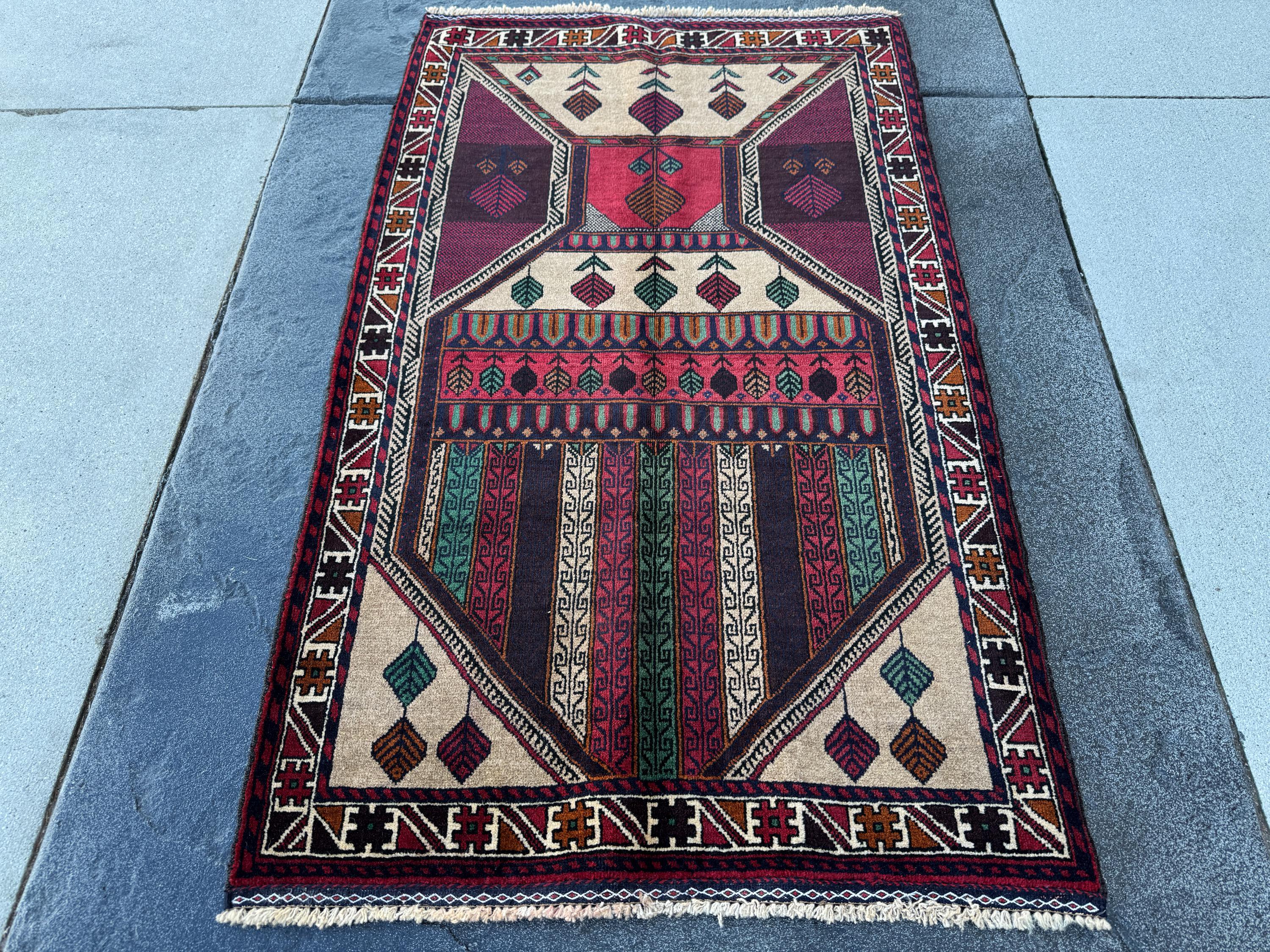 3x5 (91x152) Handmade Vintage Afghan Baluch Rug | Cream Maroon Burgundy Blood Red White Burnt Orange Forest Green Black Tan | Wool