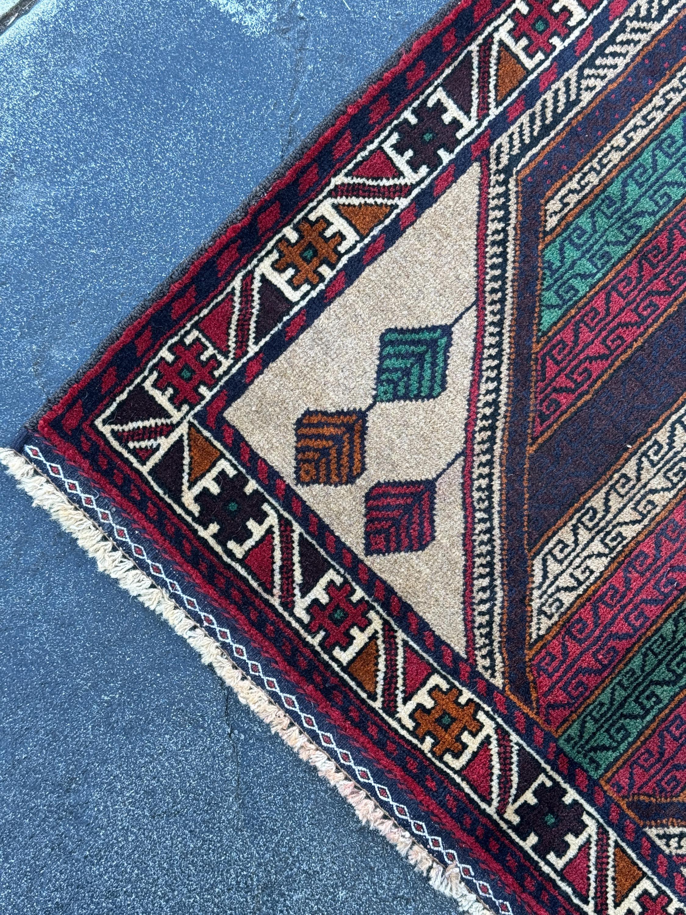 3x5 (91x152) Handmade Vintage Afghan Baluch Rug | Cream Maroon Burgundy Blood Red White Burnt Orange Forest Green Black Tan | Wool