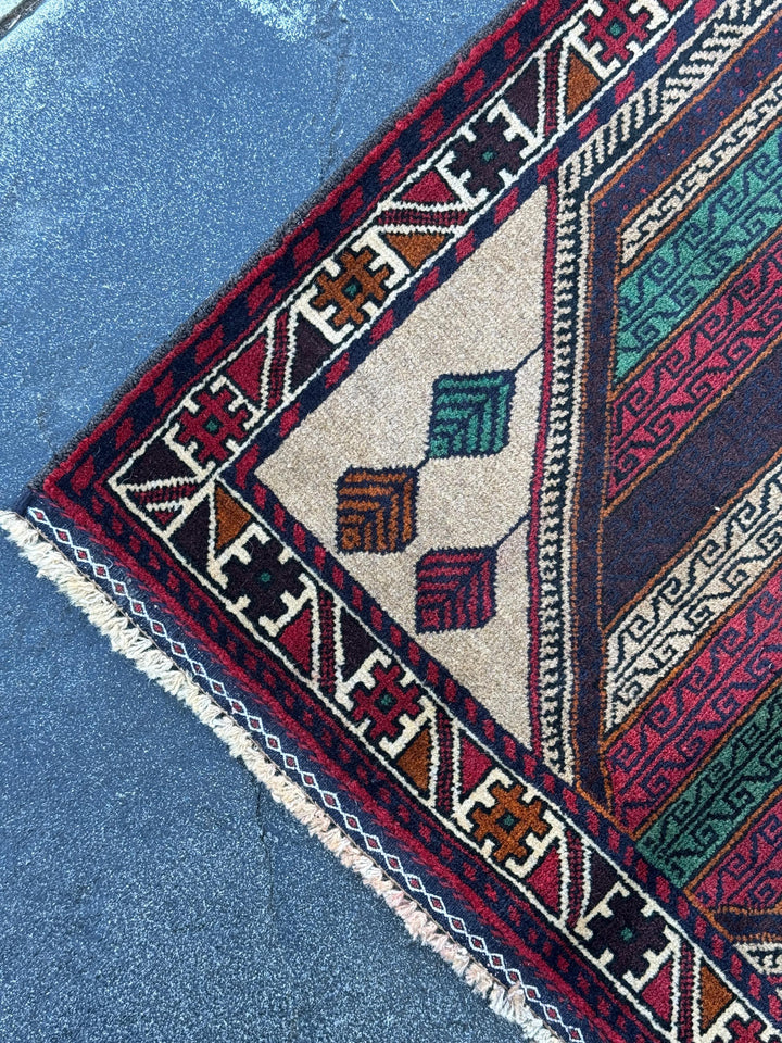 3x5 (91x152) Handmade Vintage Afghan Baluch Rug | Cream Maroon Burgundy Blood Red White Burnt Orange Forest Green Black Tan | Wool
