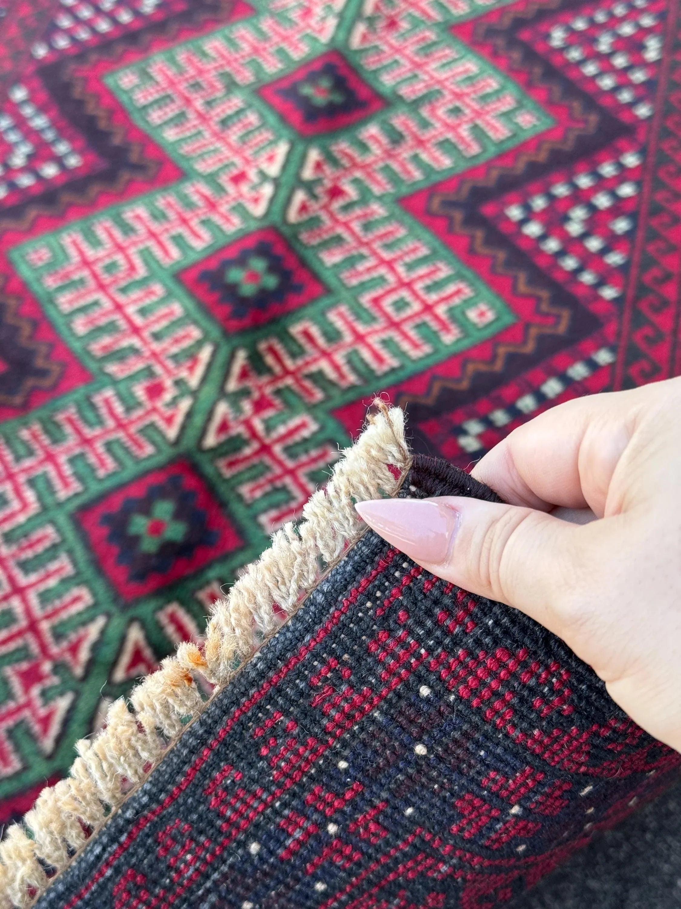 3x4-5 (91x130) Handmade Vintage Afghan Baluch Rug | Crimson Maroon Burgundy Red White Black Ivory Forest Pine Green Burnt Orange | Wool