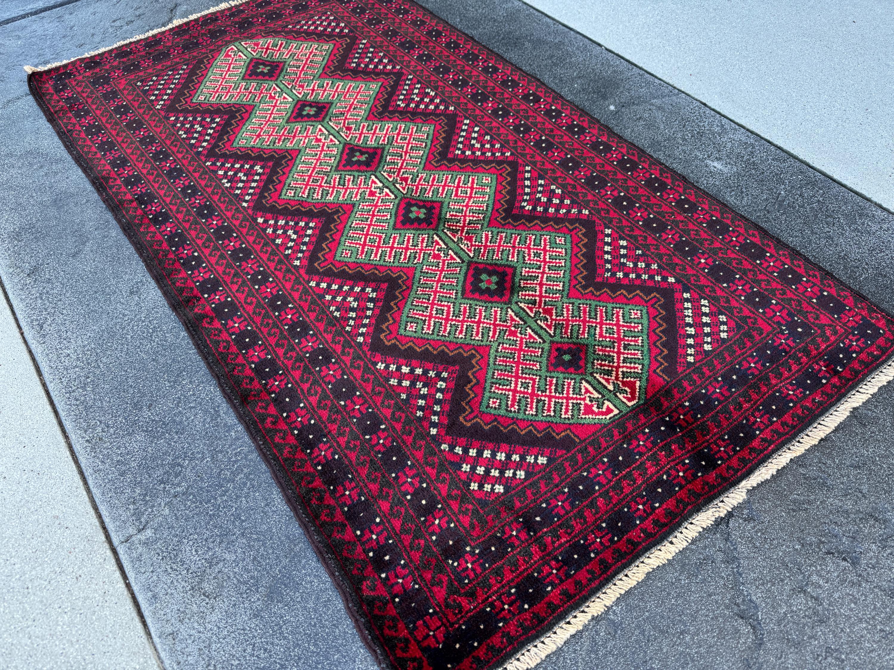 3x4-5 (91x130) Handmade Vintage Afghan Baluch Rug | Crimson Maroon Burgundy Red White Black Ivory Forest Pine Green Burnt Orange | Wool