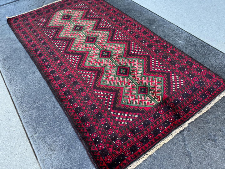 3x4-5 (91x130) Handmade Vintage Afghan Baluch Rug | Crimson Maroon Burgundy Red White Black Ivory Forest Pine Green Burnt Orange | Wool