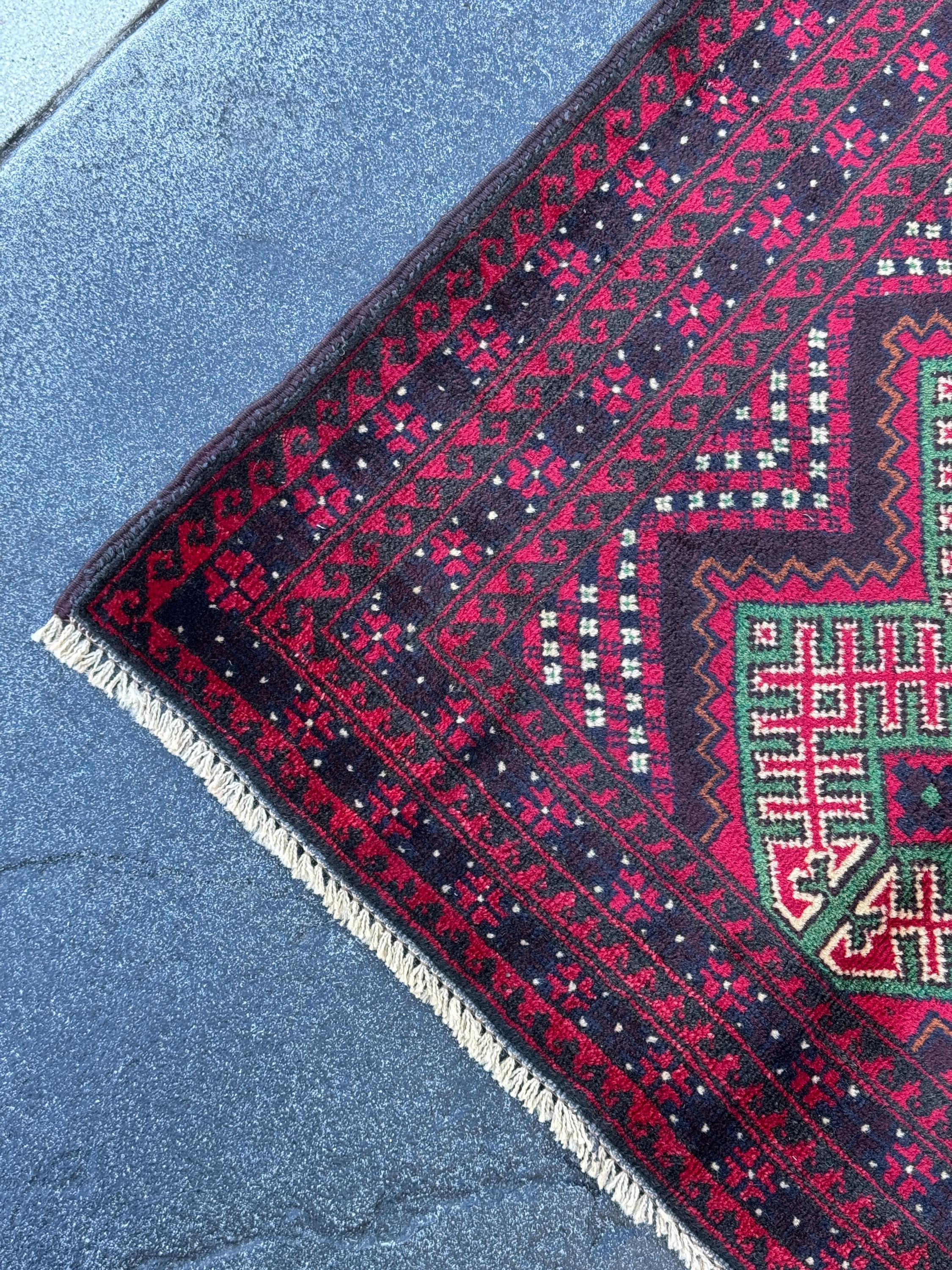3x4-5 (91x130) Handmade Vintage Afghan Baluch Rug | Crimson Maroon Burgundy Red White Black Ivory Forest Pine Green Burnt Orange | Wool