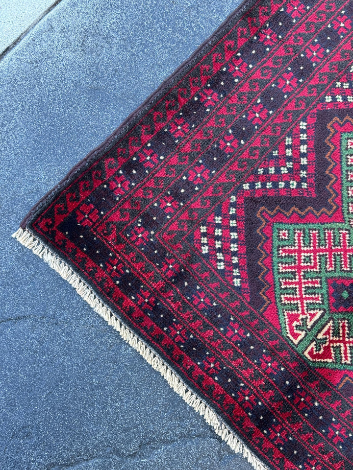 3x4-5 (91x130) Handmade Vintage Afghan Baluch Rug | Crimson Maroon Burgundy Red White Black Ivory Forest Pine Green Burnt Orange | Wool
