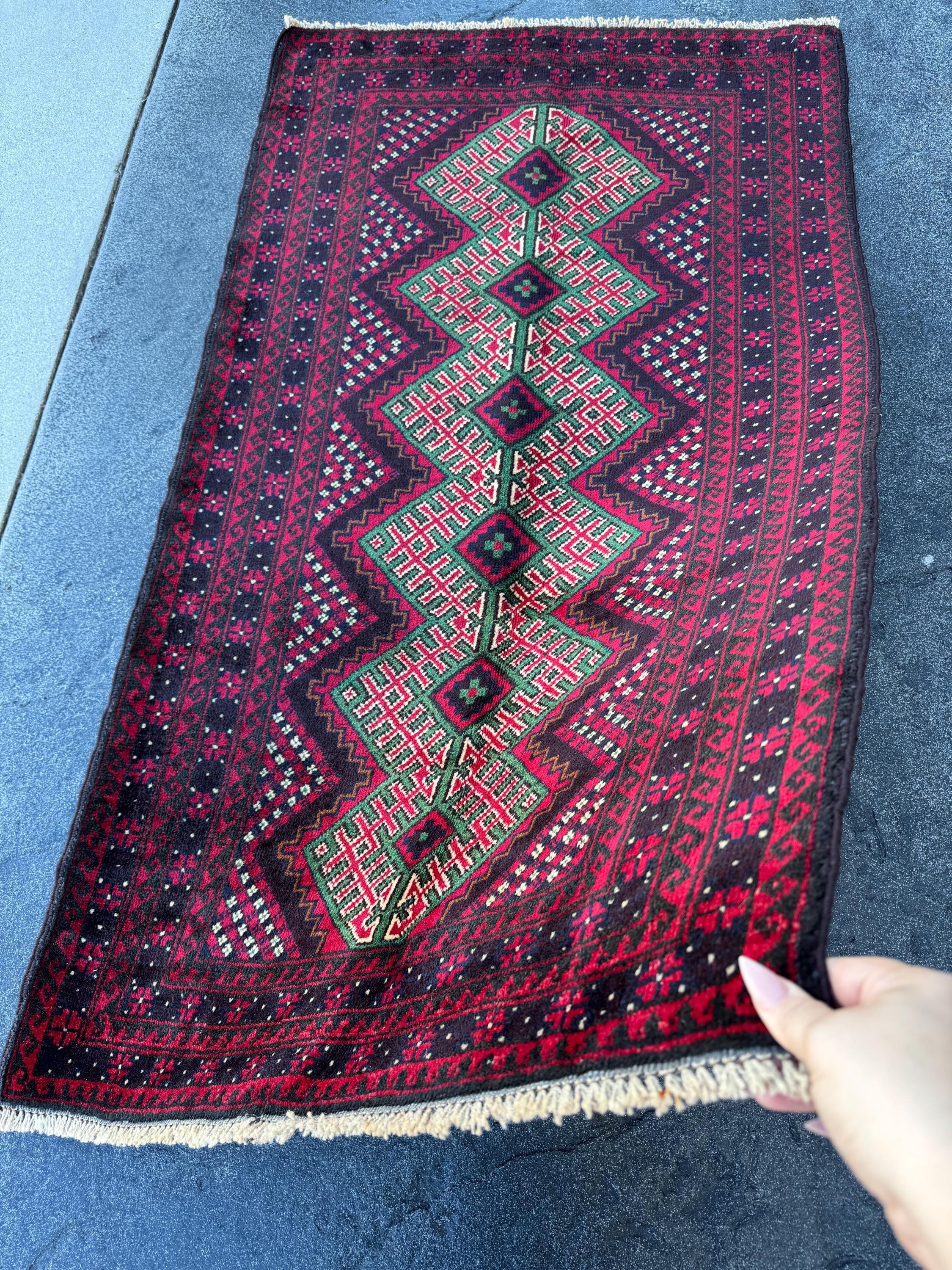 3x4-5 (91x130) Handmade Vintage Afghan Baluch Rug | Crimson Maroon Burgundy Red White Black Ivory Forest Pine Green Burnt Orange | Wool