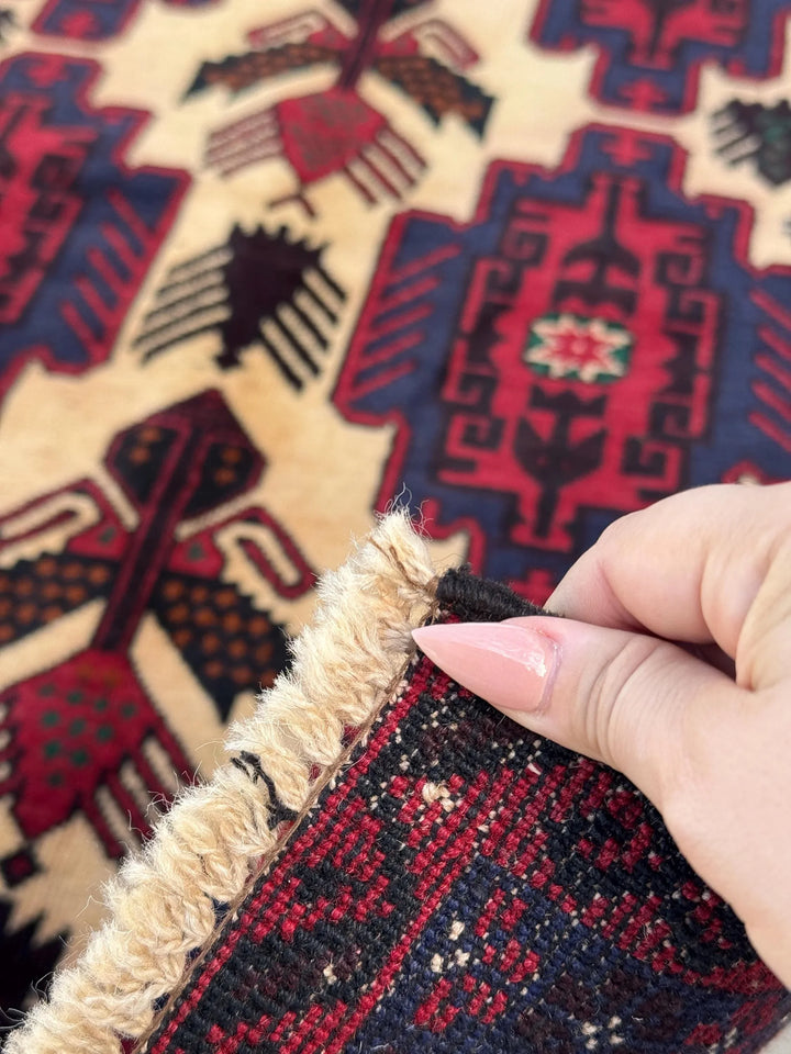 3x5 Handmade Vintage Afghan Baluch Rug | Cream Tan Caramel Coffee Brown Midnight Blue Black Blood Scarlet Red White Ivory Forest Green Wool