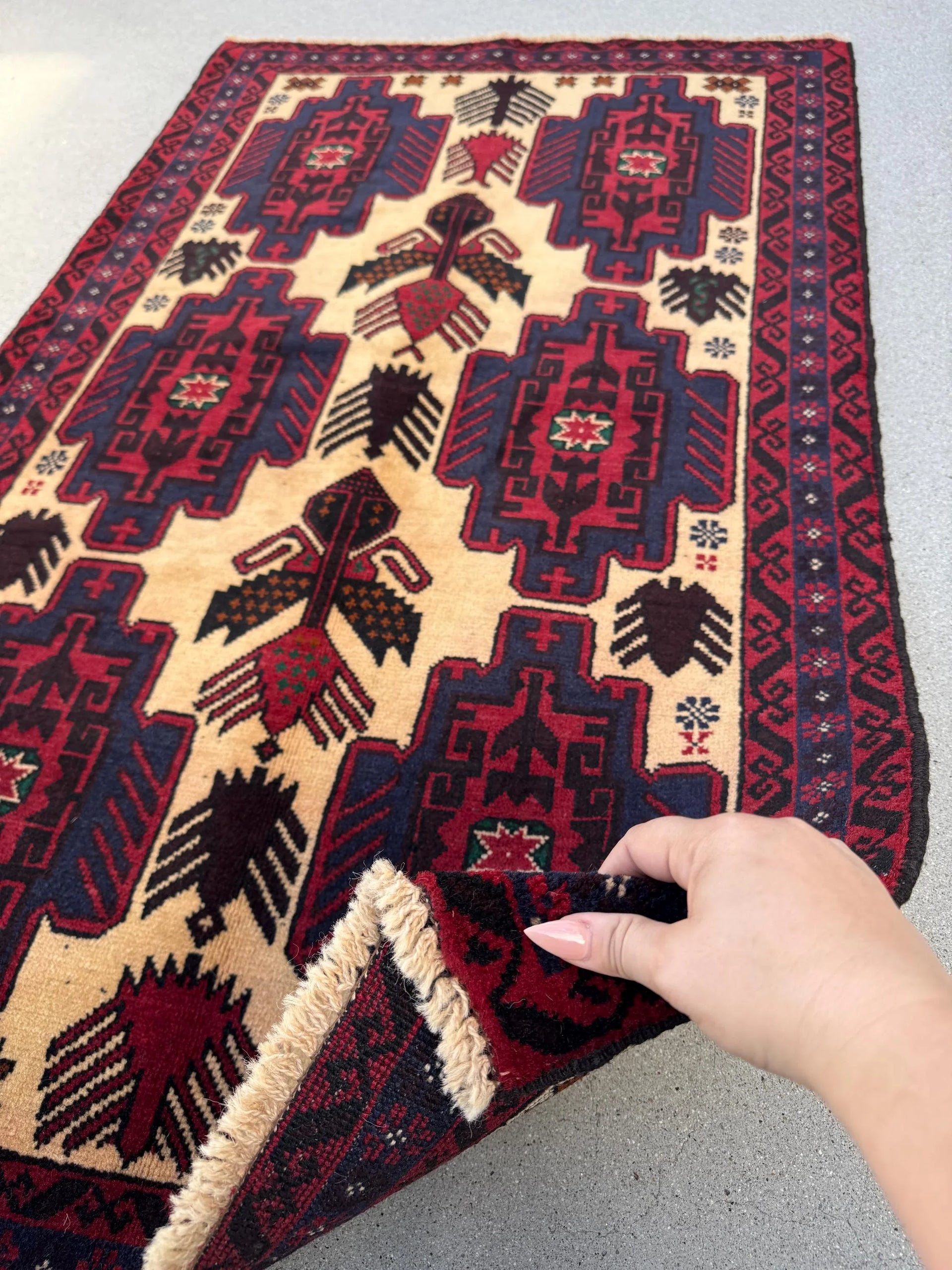 3x5 Handmade Vintage Afghan Baluch Rug | Cream Tan Caramel Coffee Brown Midnight Blue Black Blood Scarlet Red White Ivory Forest Green Wool