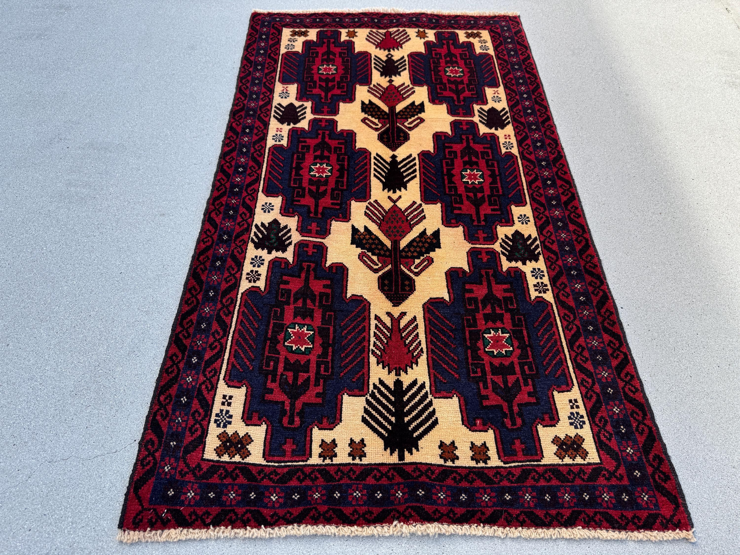 3x5 Handmade Vintage Afghan Baluch Rug | Cream Tan Caramel Coffee Brown Midnight Blue Black Blood Scarlet Red White Ivory Forest Green Wool