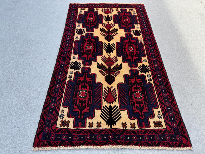 3x5 Handmade Vintage Afghan Baluch Rug | Cream Tan Caramel Coffee Brown Midnight Blue Black Blood Scarlet Red White Ivory Forest Green Wool