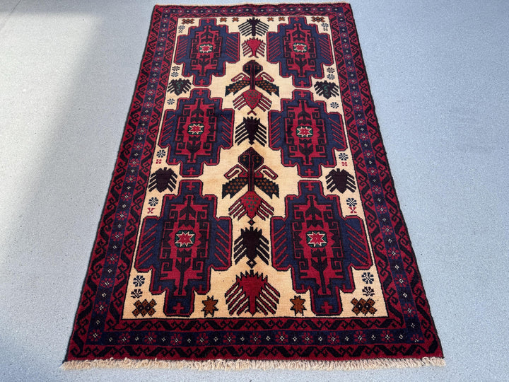 3x5 Handmade Vintage Afghan Baluch Rug | Cream Tan Caramel Coffee Brown Midnight Blue Black Blood Scarlet Red White Ivory Forest Green Wool