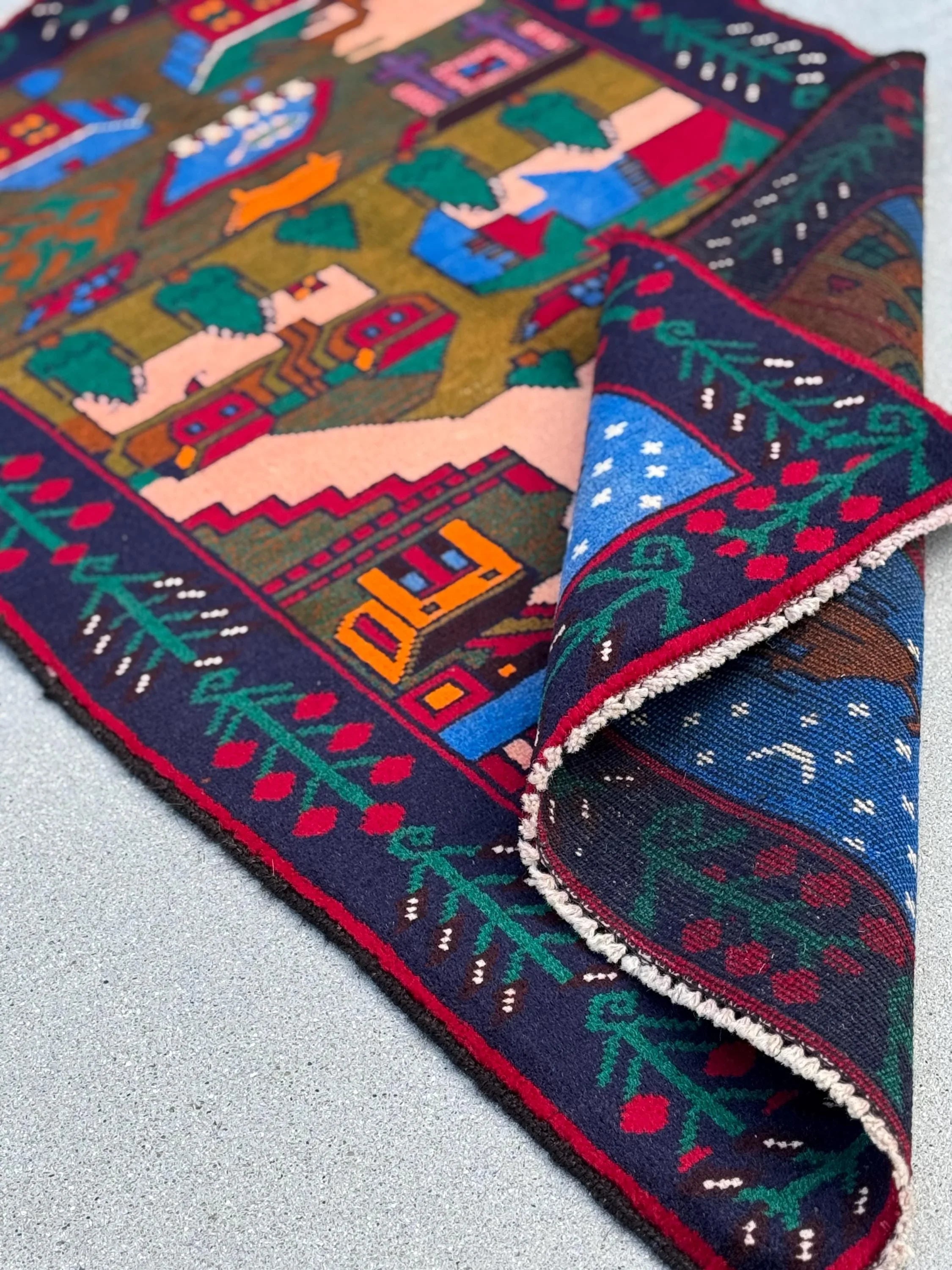 3x4 (91x121) Handmade Vintage Afghan Baluch Rug | Moss Olive Forest Green Peach Coral Burnt Orange Black Denim Midnight Blue Cream | Wool