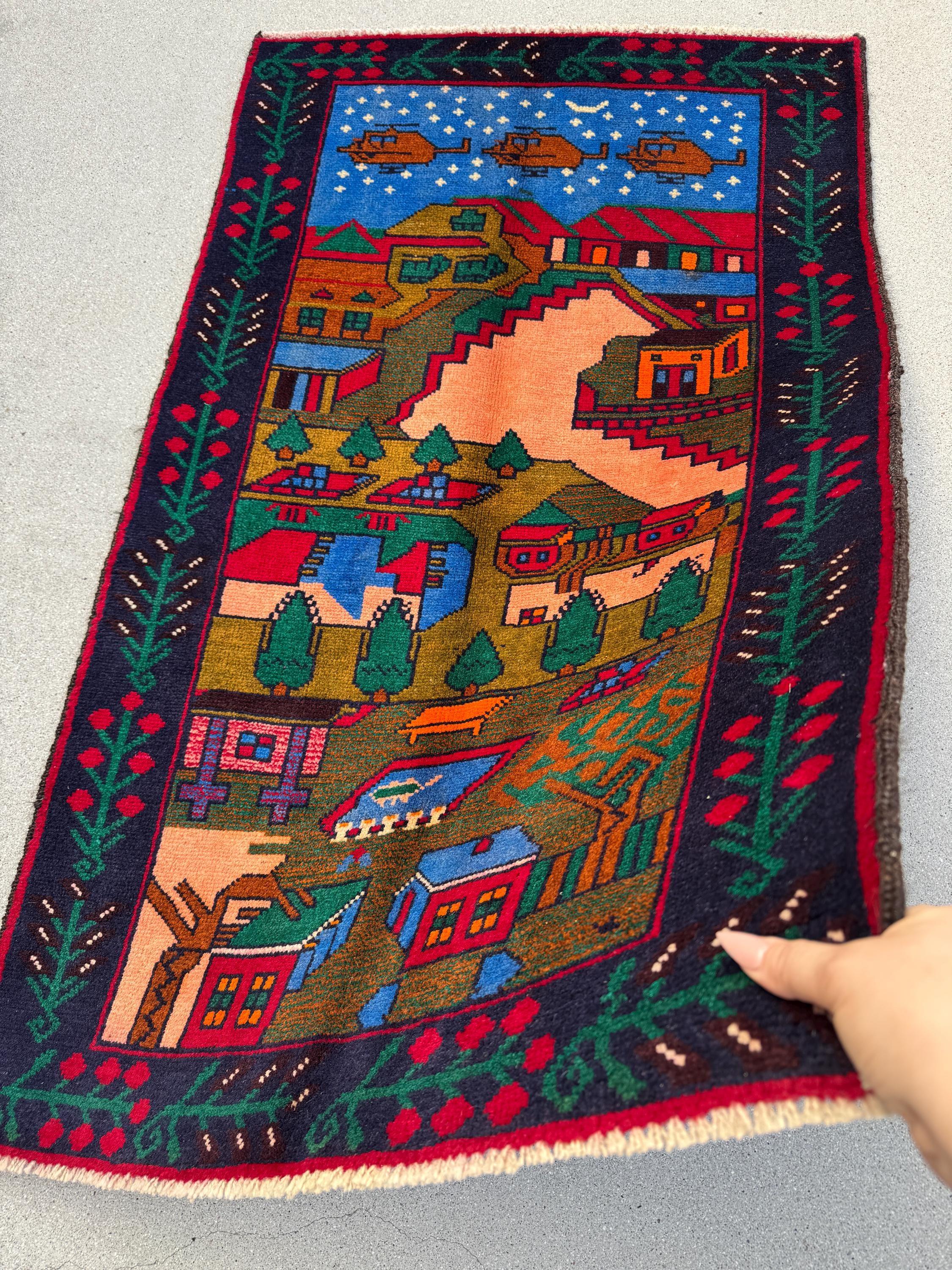 3x4 (91x121) Handmade Vintage Afghan Baluch Rug | Moss Olive Forest Green Peach Coral Burnt Orange Black Denim Midnight Blue Cream | Wool