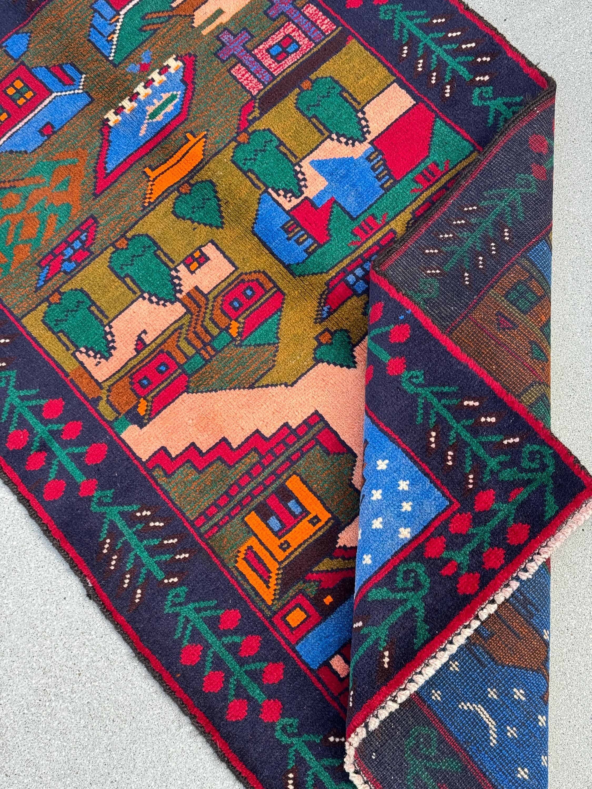 3x4 (91x121) Handmade Vintage Afghan Baluch Rug | Moss Olive Forest Green Peach Coral Burnt Orange Black Denim Midnight Blue Cream | Wool