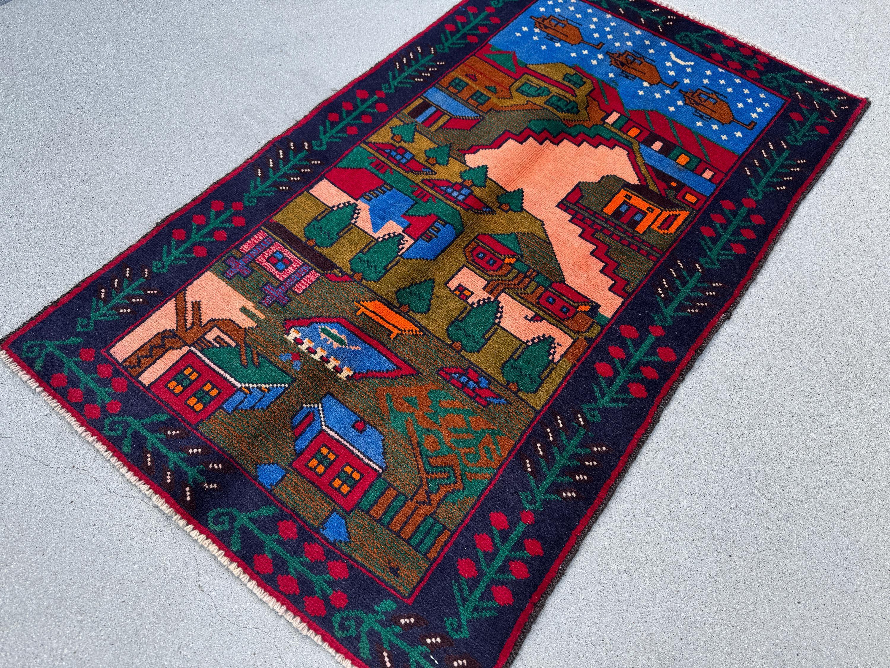 3x4 (91x121) Handmade Vintage Afghan Baluch Rug | Moss Olive Forest Green Peach Coral Burnt Orange Black Denim Midnight Blue Cream | Wool