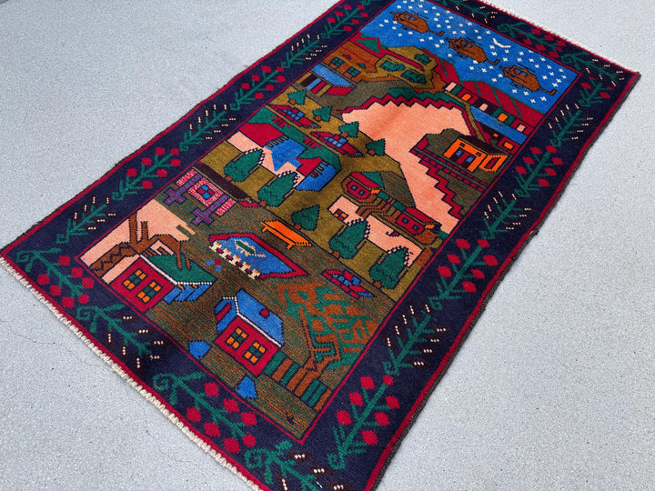 3x4 (91x121) Handmade Vintage Afghan Baluch Rug | Moss Olive Forest Green Peach Coral Burnt Orange Black Denim Midnight Blue Cream | Wool