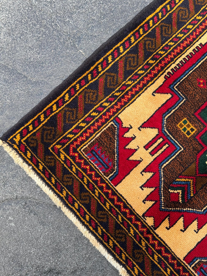 3x5 Handmade Vintage Afghan Baluch Rug | Saffron Peach Orange Mustard Yellow Coffee Chocolate Brown Forest Green Blood Red White Denim Blue