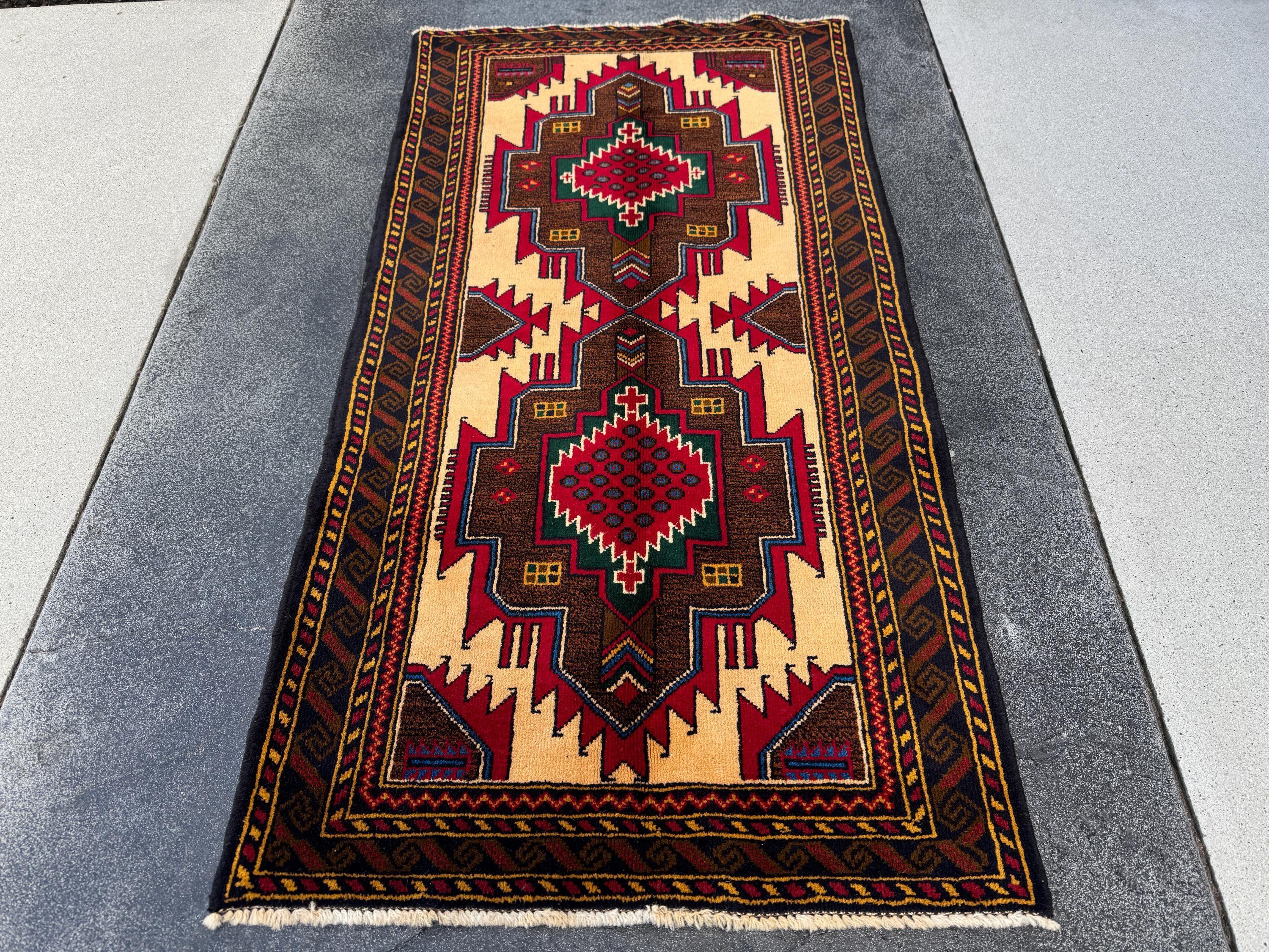 3x5 Handmade Vintage Afghan Baluch Rug | Saffron Peach Orange Mustard Yellow Coffee Chocolate Brown Forest Green Blood Red White Denim Blue