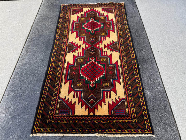 3x5 Handmade Vintage Afghan Baluch Rug | Saffron Peach Orange Mustard Yellow Coffee Chocolate Brown Forest Green Blood Red White Denim Blue