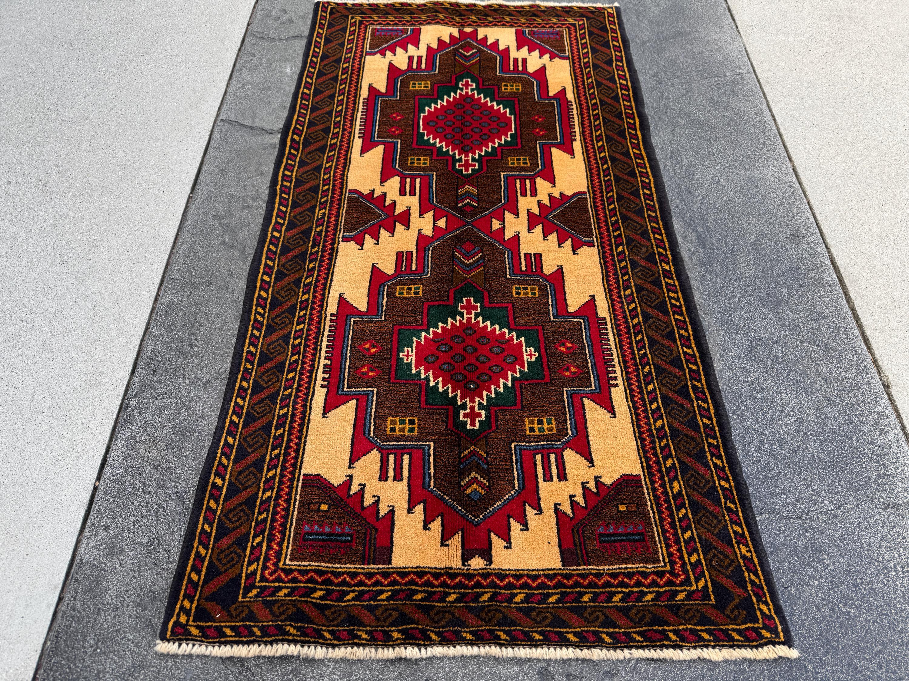 3x5 Handmade Vintage Afghan Baluch Rug | Saffron Peach Orange Mustard Yellow Coffee Chocolate Brown Forest Green Blood Red White Denim Blue