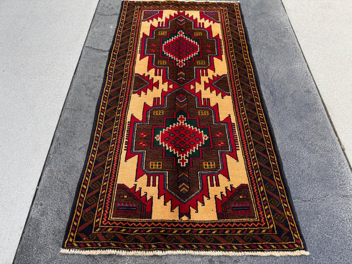 3x5 Handmade Vintage Afghan Baluch Rug | Saffron Peach Orange Mustard Yellow Coffee Chocolate Brown Forest Green Blood Red White Denim Blue