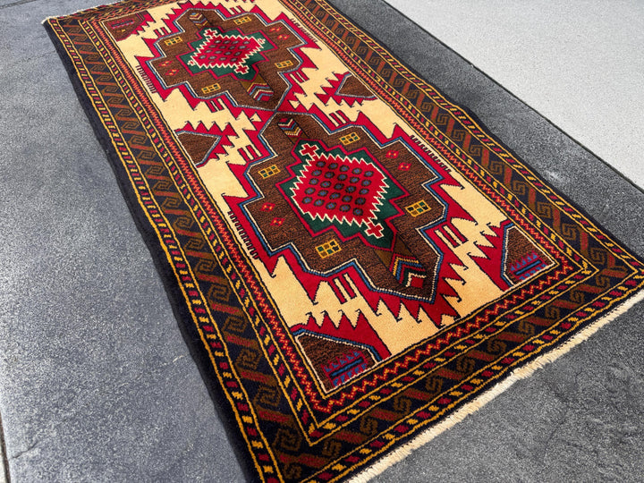 3x5 Handmade Vintage Afghan Baluch Rug | Saffron Peach Orange Mustard Yellow Coffee Chocolate Brown Forest Green Blood Red White Denim Blue