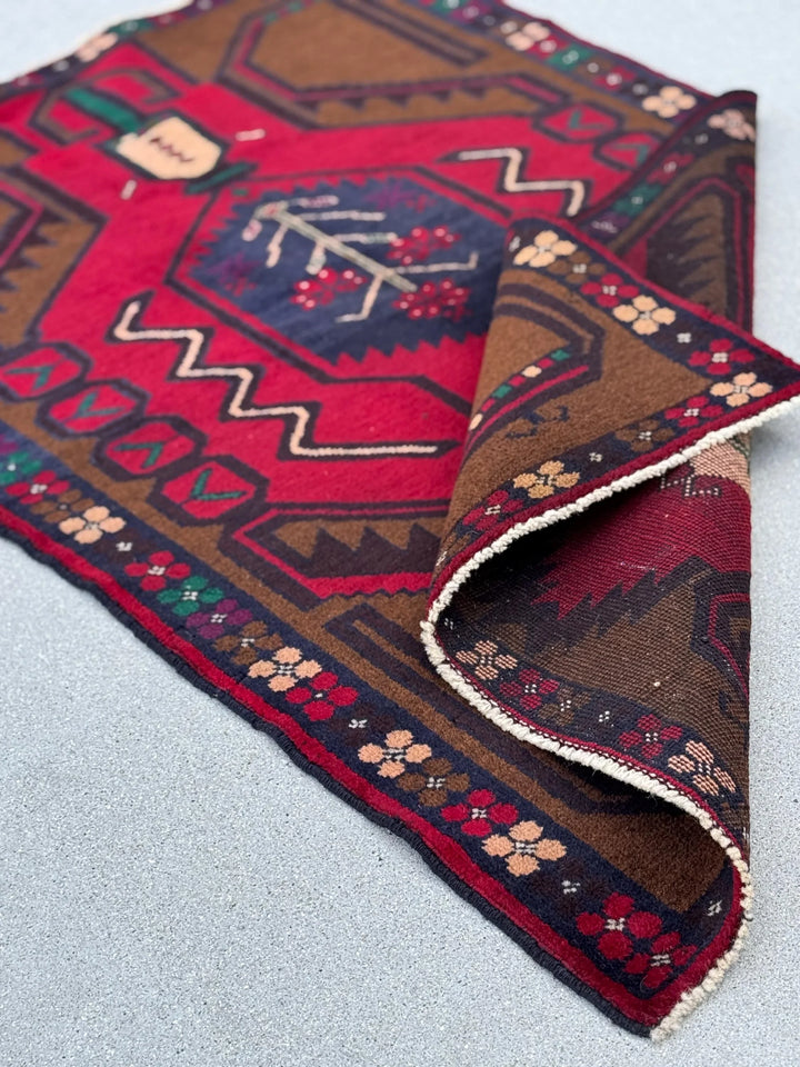 3x5 (91x152) Handmade Vintage Afghan Baluch Rug Coffee Brown Crimson Scarlet Red Navy Blue Maroon Forest Green White Cream Plum Forest Green