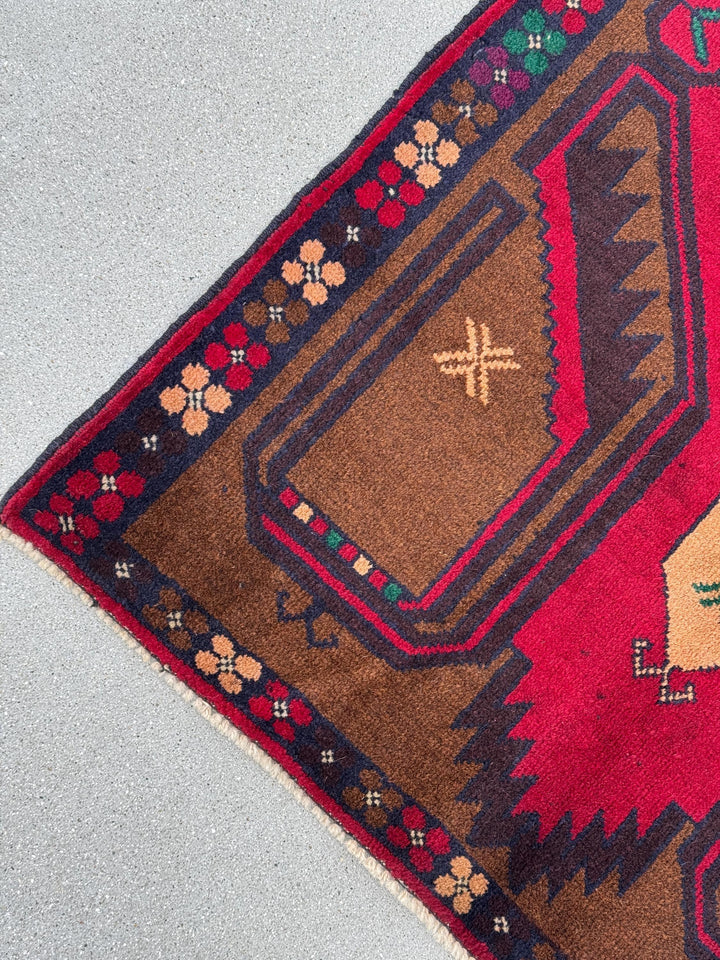 3x5 (91x152) Handmade Vintage Afghan Baluch Rug Coffee Brown Crimson Scarlet Red Navy Blue Maroon Forest Green White Cream Plum Forest Green