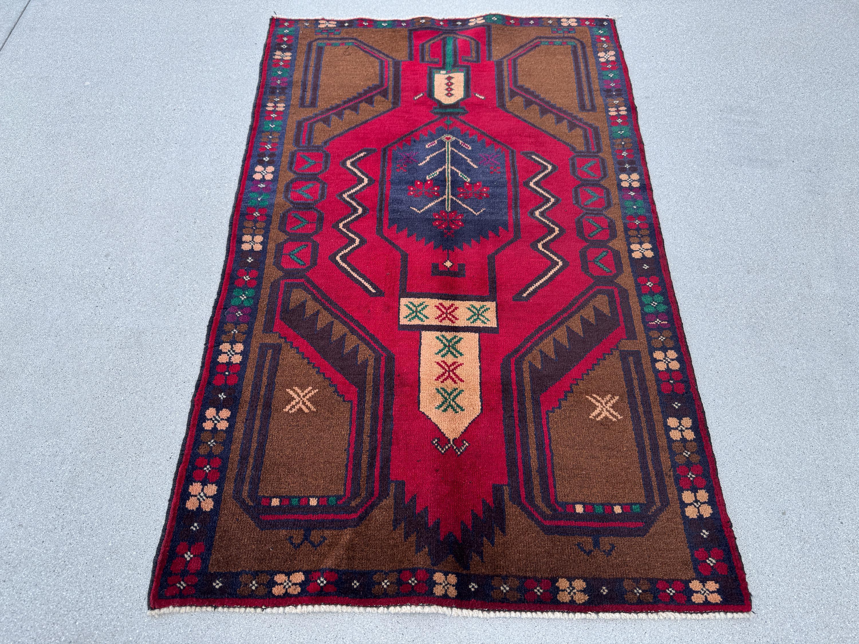 3x5 (91x152) Handmade Vintage Afghan Baluch Rug Coffee Brown Crimson Scarlet Red Navy Blue Maroon Forest Green White Cream Plum Forest Green