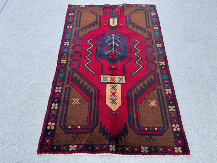3x5 (91x152) Handmade Vintage Afghan Baluch Rug Coffee Brown Crimson Scarlet Red Navy Blue Maroon Forest Green White Cream Plum Forest Green