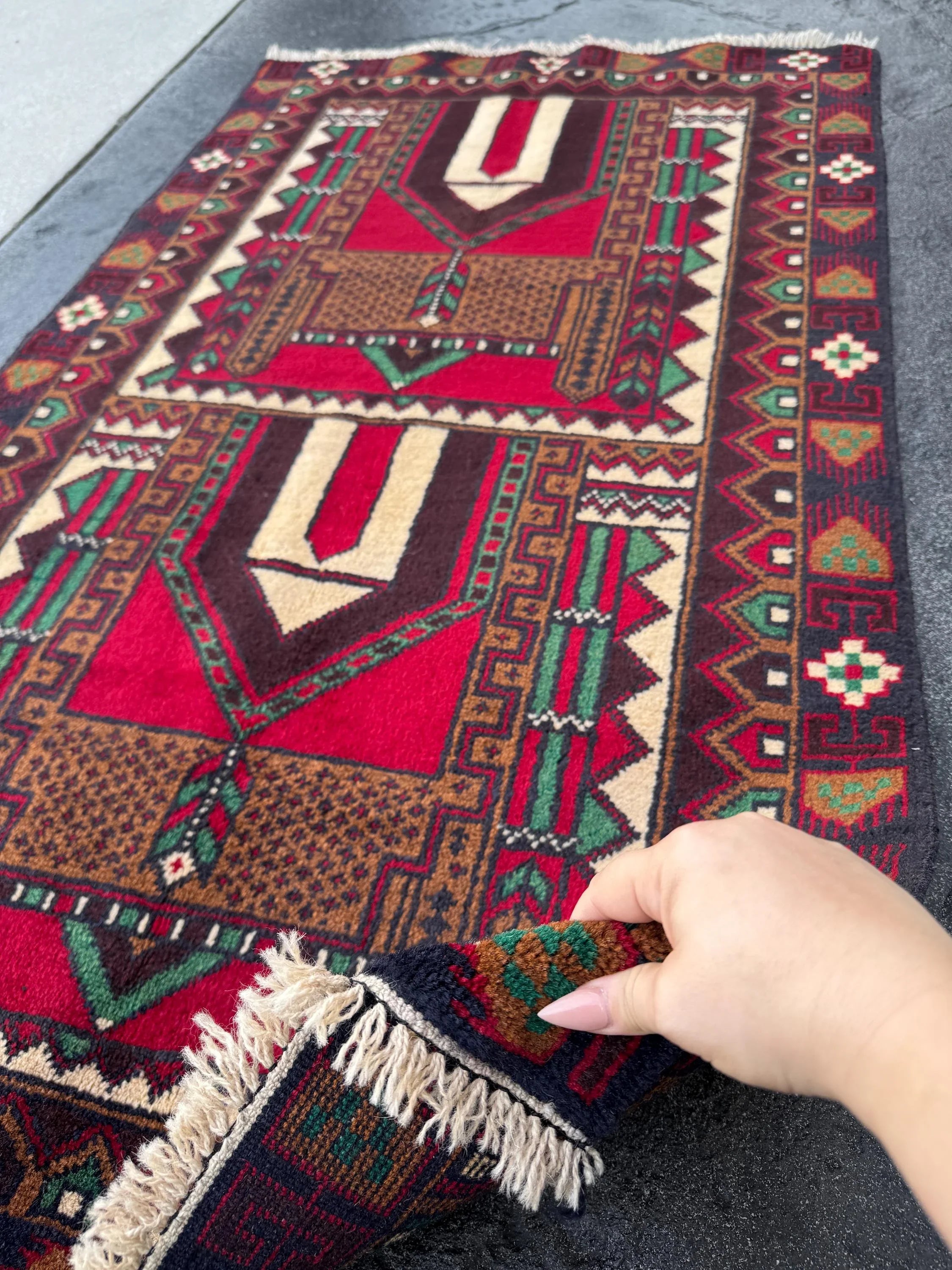 3x5 (91x152) Handmade Vintage Afghan Baluch Rug | Coffee Espresso Brown Maroon Crimson Blood Red Cream Forest Green Black White Black | Wool