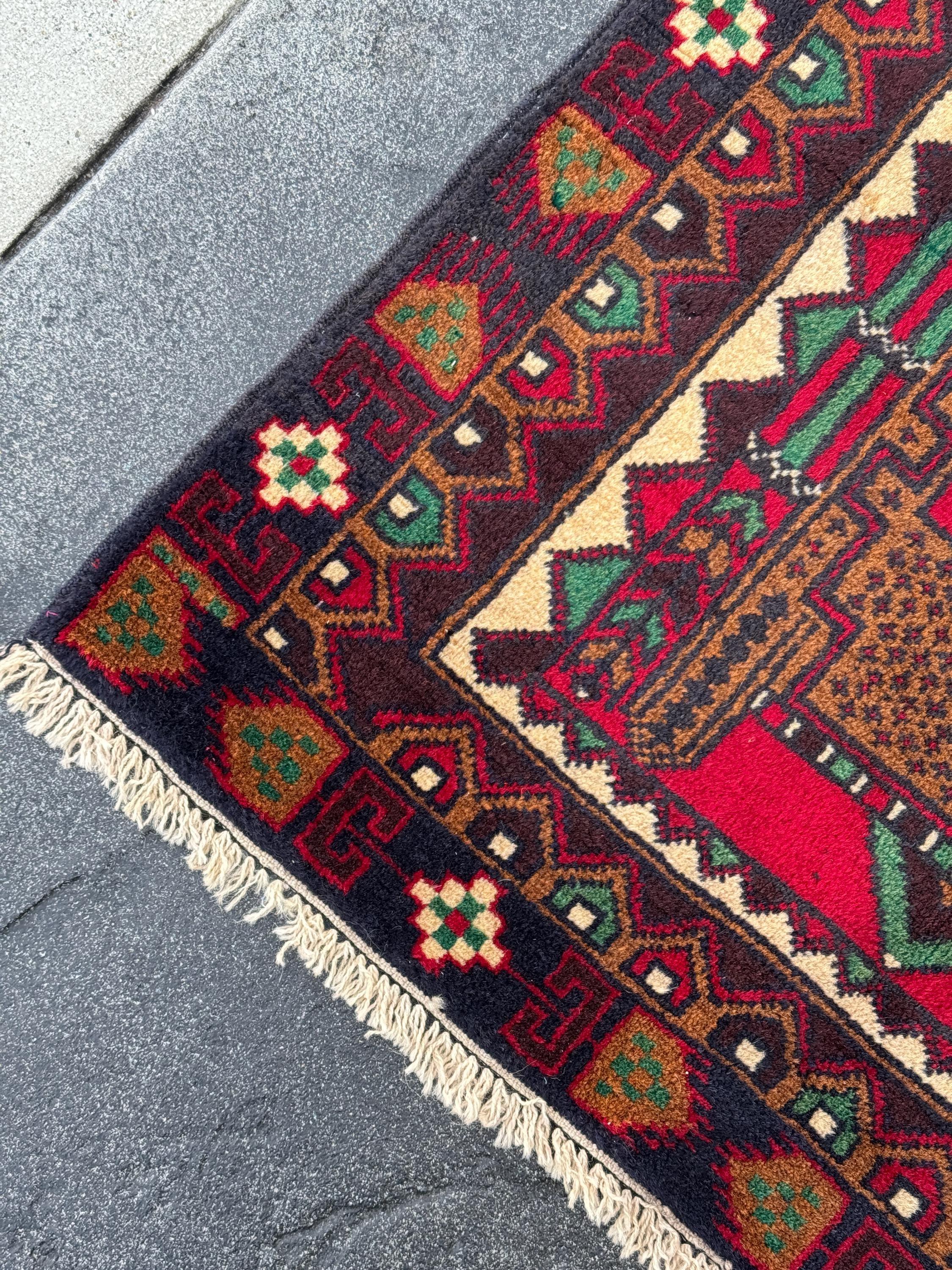 3x5 (91x152) Handmade Vintage Afghan Baluch Rug | Coffee Espresso Brown Maroon Crimson Blood Red Cream Forest Green Black White Black | Wool