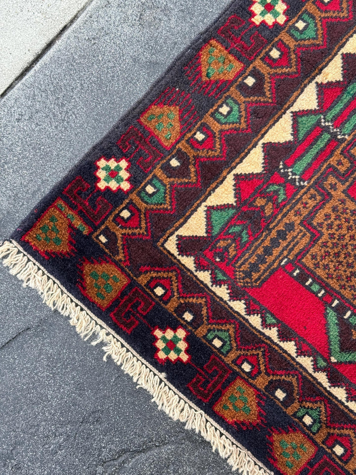3x5 (91x152) Handmade Vintage Afghan Baluch Rug | Coffee Espresso Brown Maroon Crimson Blood Red Cream Forest Green Black White Black | Wool
