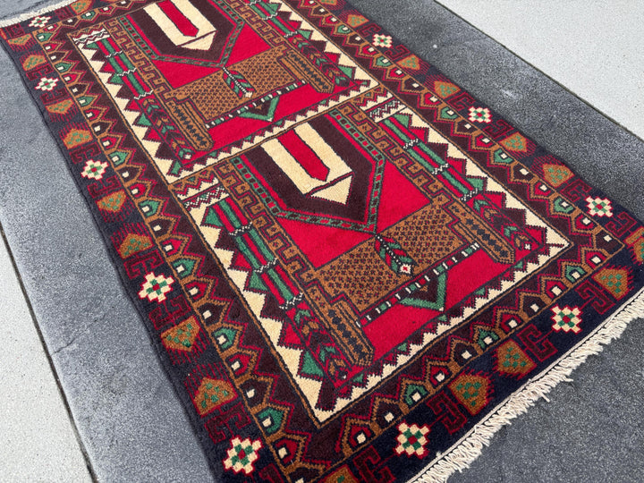 3x5 (91x152) Handmade Vintage Afghan Baluch Rug | Coffee Espresso Brown Maroon Crimson Blood Red Cream Forest Green Black White Black | Wool